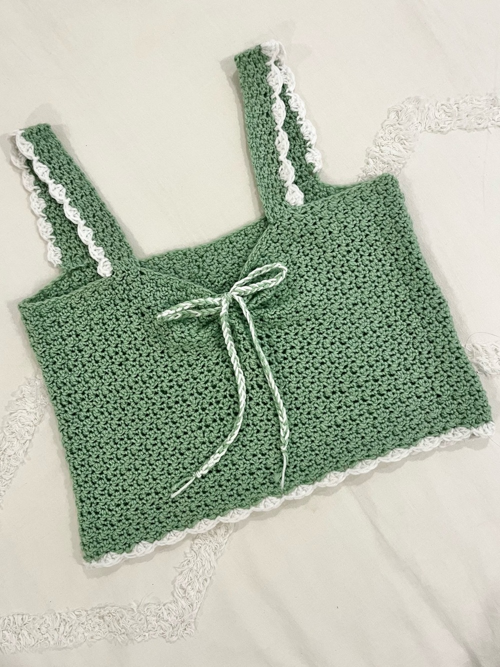 Handmade Crochet Cottagecore Tie Front Green White Sleeveless Crop Tank Top